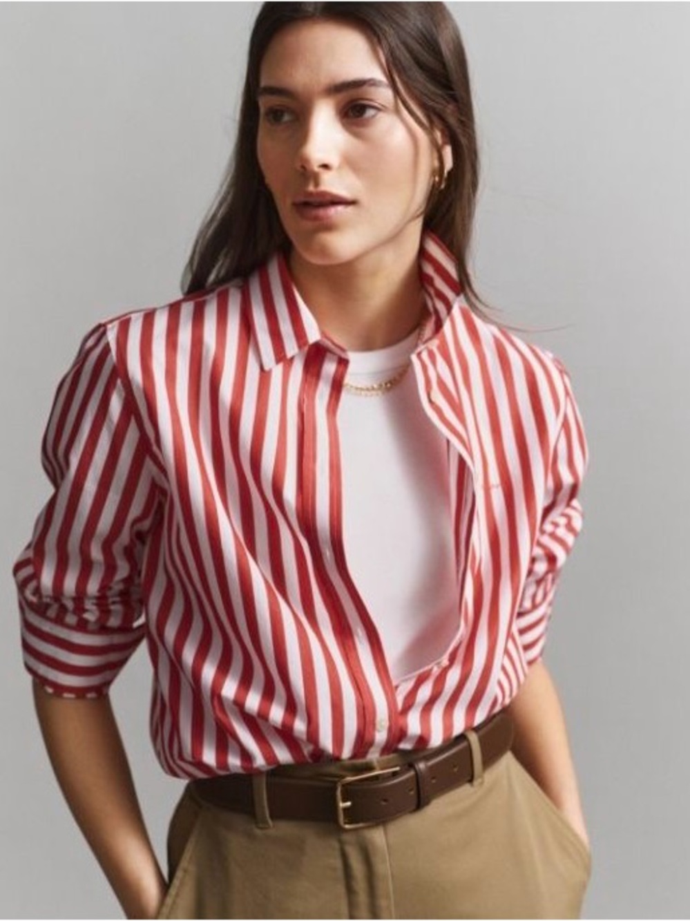 Striped Red and White Button-Up Women's Top - Picture 6 of 9